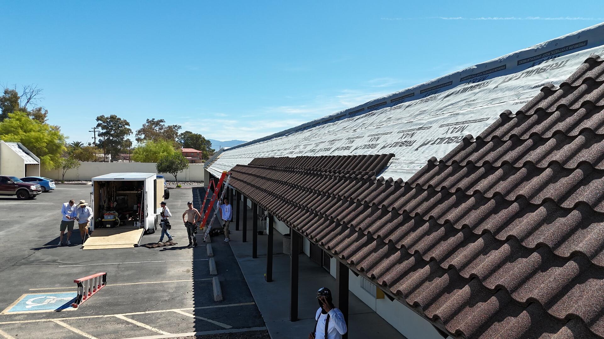 Tile roof install crew aerial